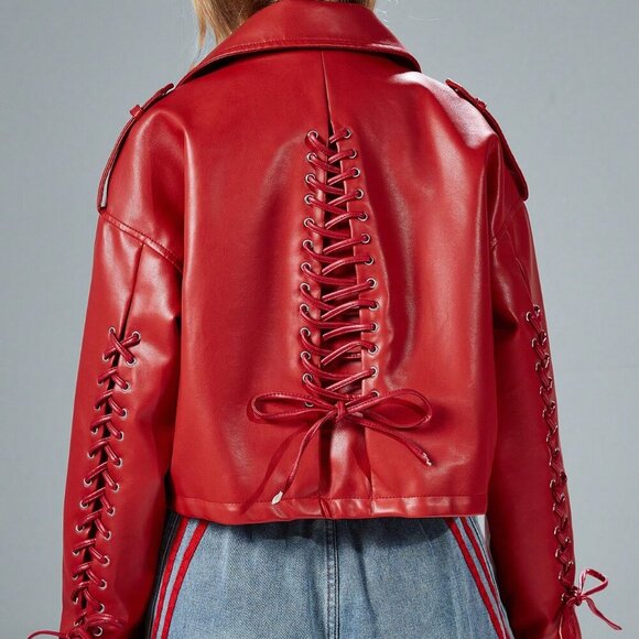 Red lace up details faux leather biker jacket - Picture 2 of 7